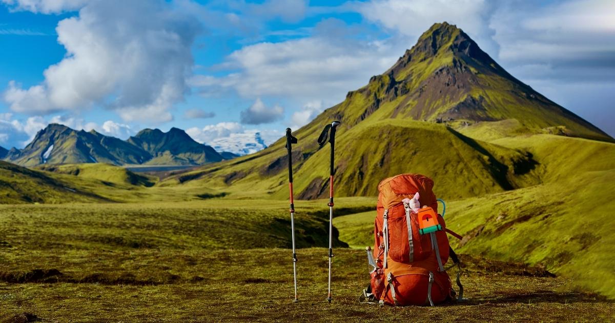 Best Trail Backpacks — Backpack and Trekking Poles in National Park Landmannalaugar, Iceland.
