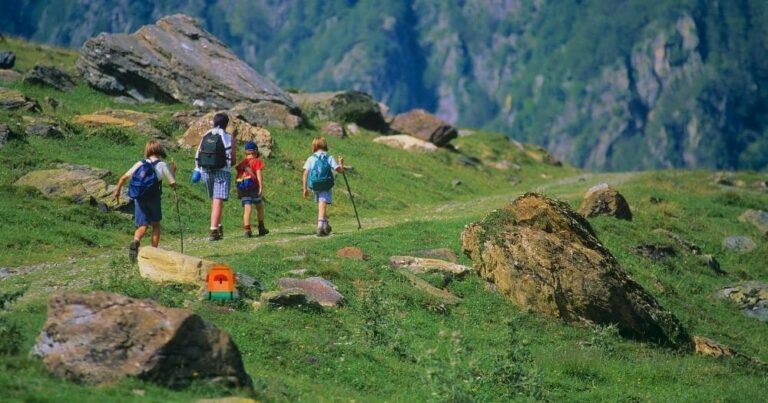 Hiking Backpacks for Kids — Children Walking on a Mountain Trail.