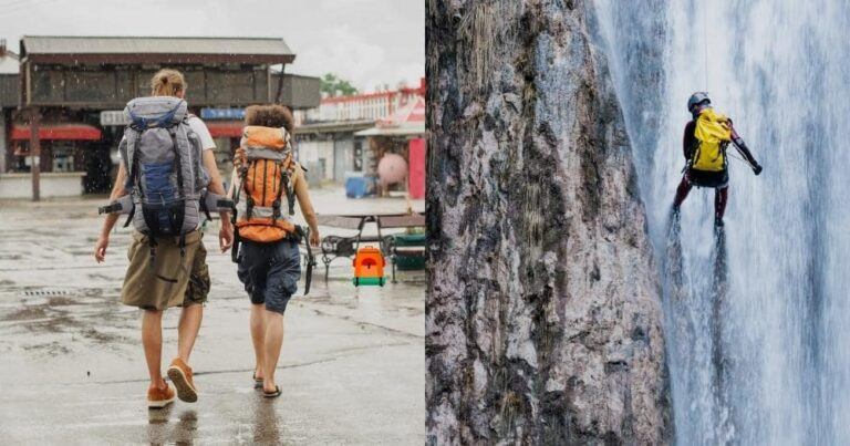 Water Resistant vs Waterproof — Tourists Walking in the City and Man Repelling a Waterfall.