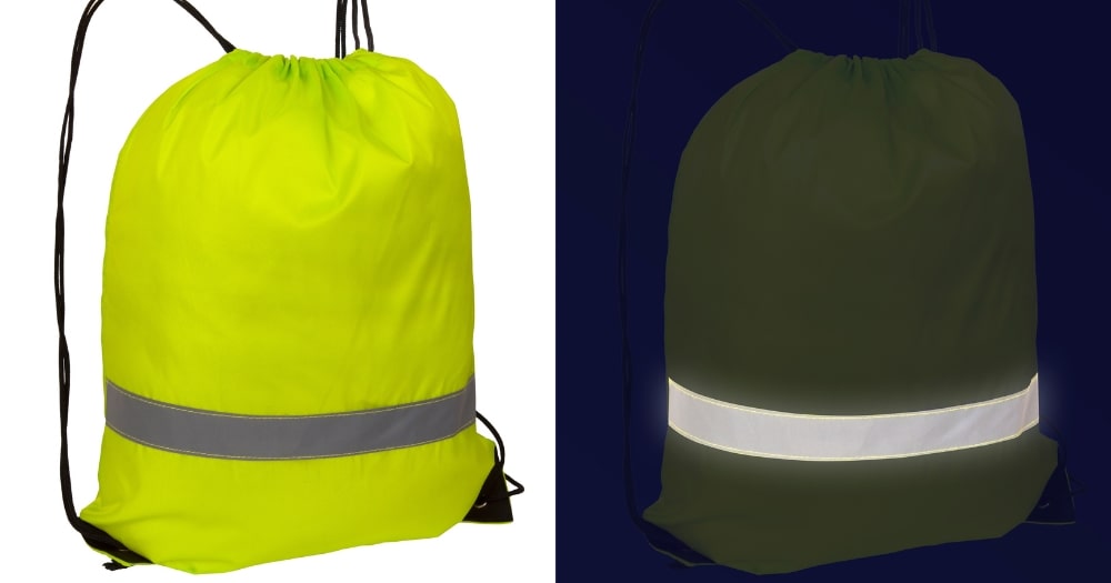 Backpack Rain Cover — Yellow Nylon Drawstring Bag with Reflective Tape.